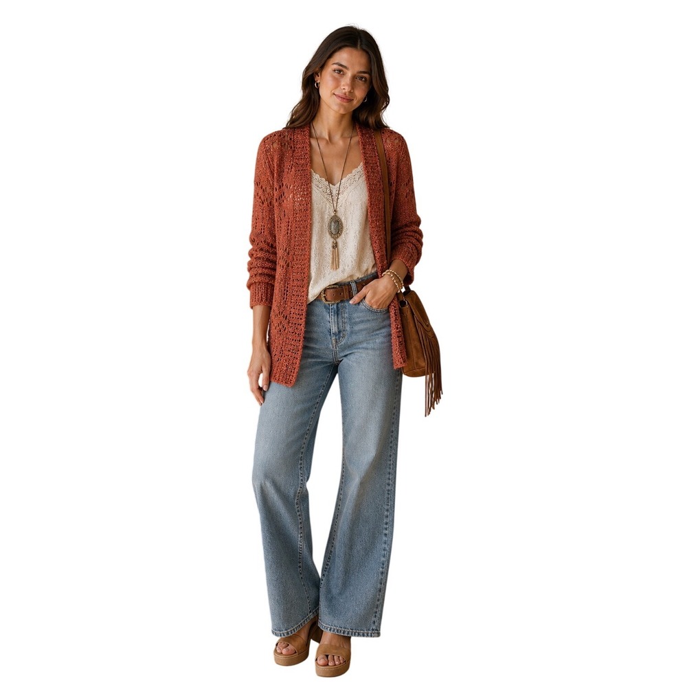Altar'd State Open Knit Cardigan Sweater Size‎ S Cottagecore Boho Romantic Rust